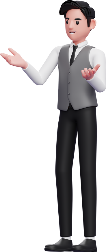 man with speaking gesture is presenting wearing vest